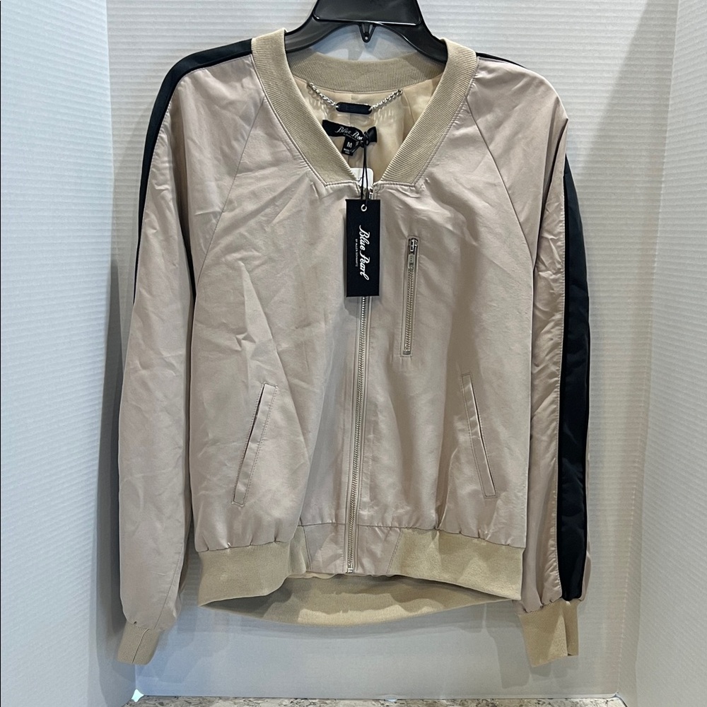 Black Rivet Two-Tone Beige and Black Bomber Jacket